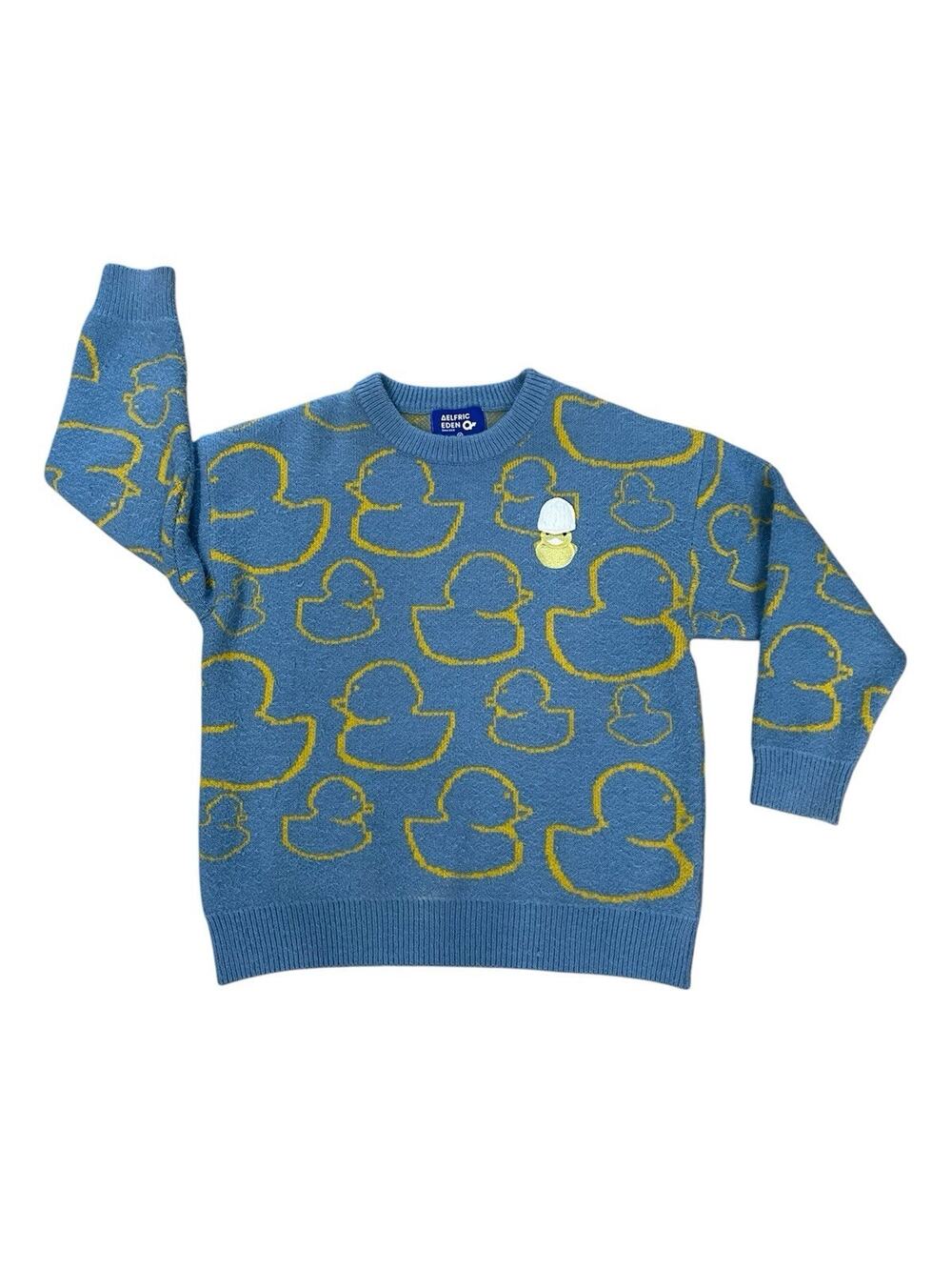 Aelfric Eden Men's Size Medium Blue W/Yellow Duck Pattern Crewneck Knit Sweater